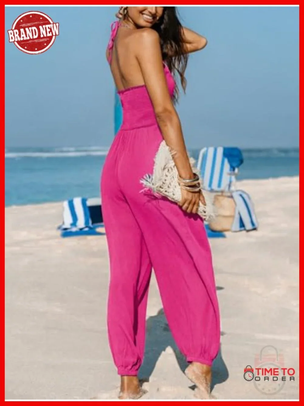 Halter V Neck Sleeveless Pleated Maxi Jumpsuit with Pockets